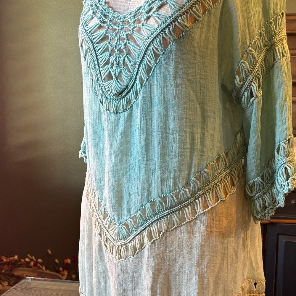 Boho Teal ombré Crochet Tunic - Picture 3 of 12